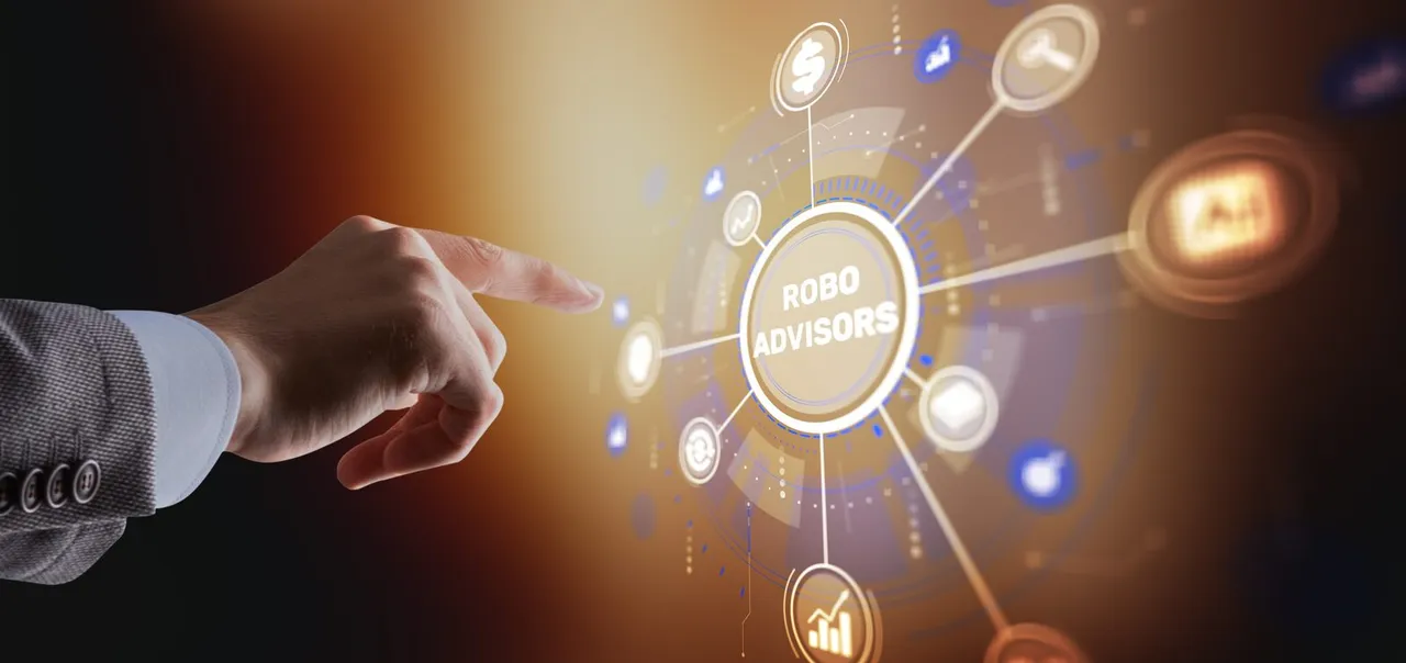 business man's hand touching screen with robo advisors